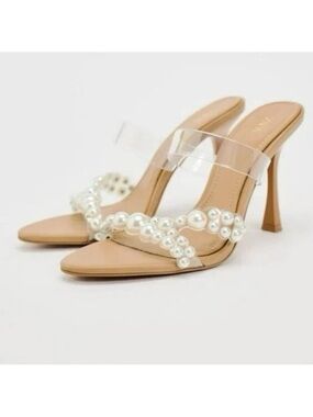 Zara Nude Pearl-Embellished Clear Strap Heeled Mules
